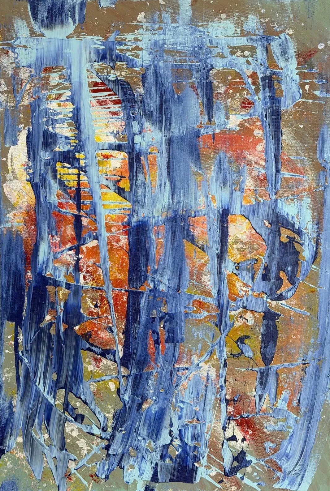 Blue vertical strokes scraped over an ochre ground with islands of orange and yellow showing through.