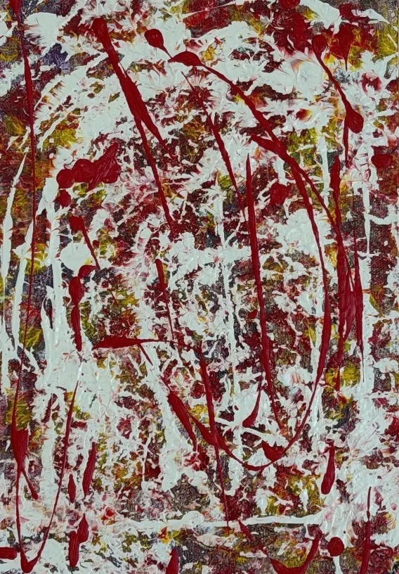 Dense white impasto lattice over crimson, with long red drips.