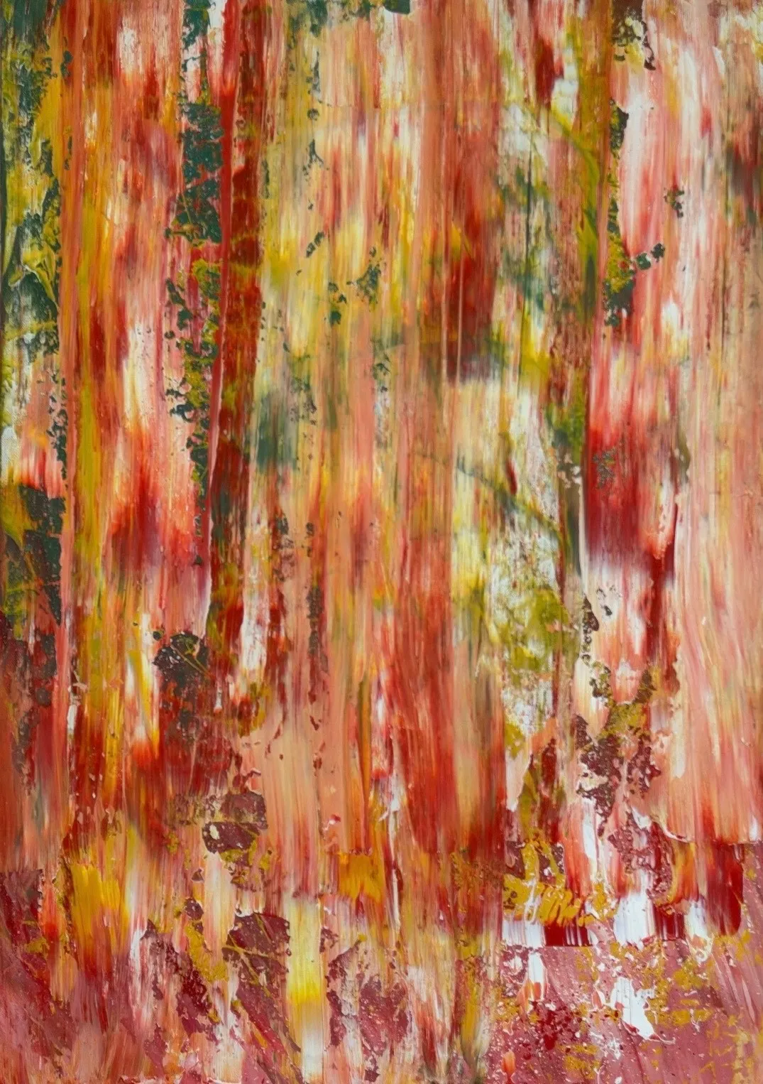 Vertical streaks of red, coral, yellow and green dragged down the canvas.