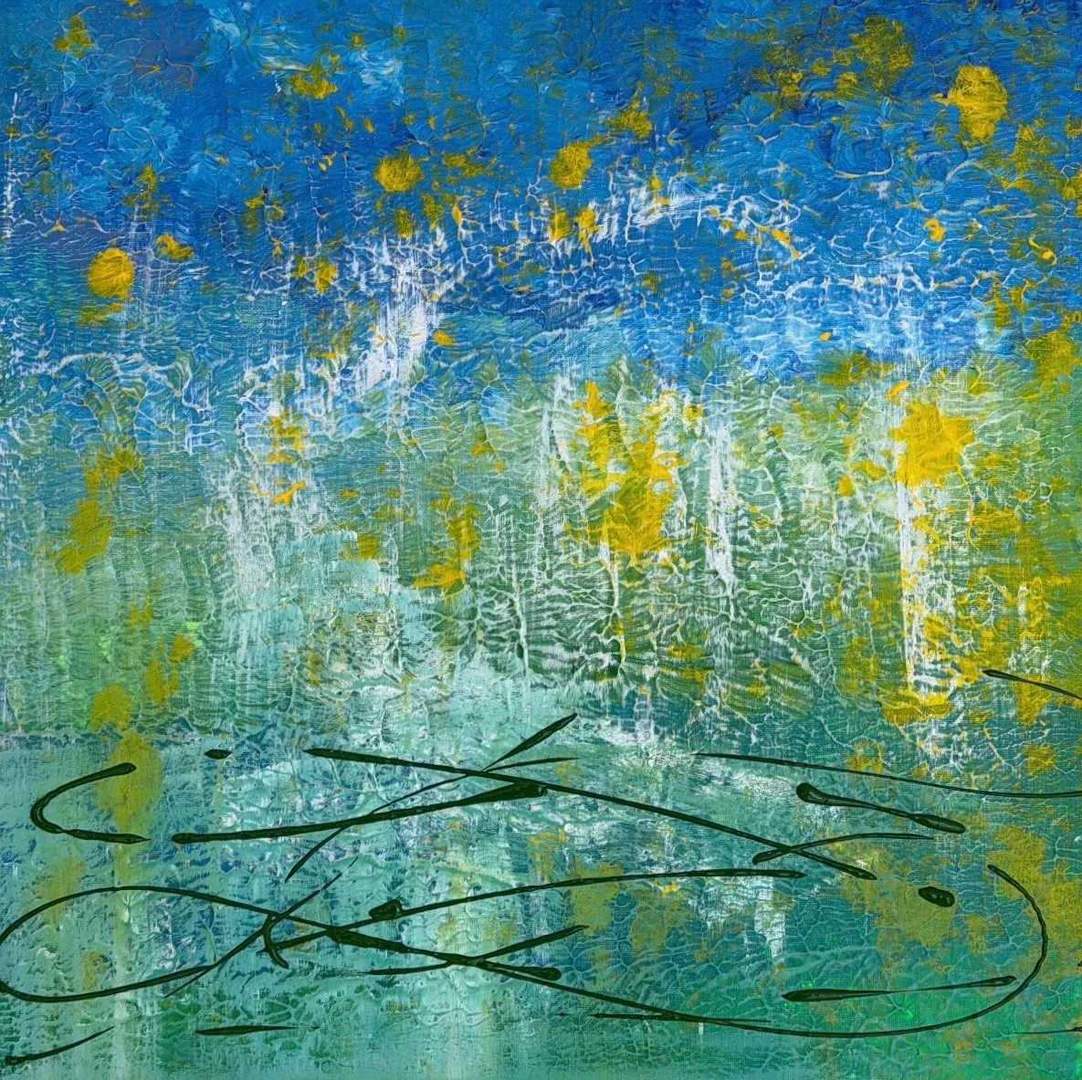 Square canvas of blue and green with yellow flecks and thin black calligraphic lines at the bottom.