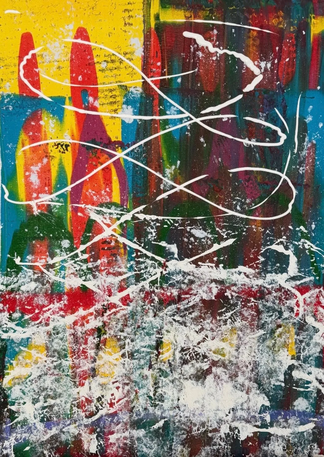 Yellow sky above red and teal vertical forms, crossed by white looping lines and a white impasto base.