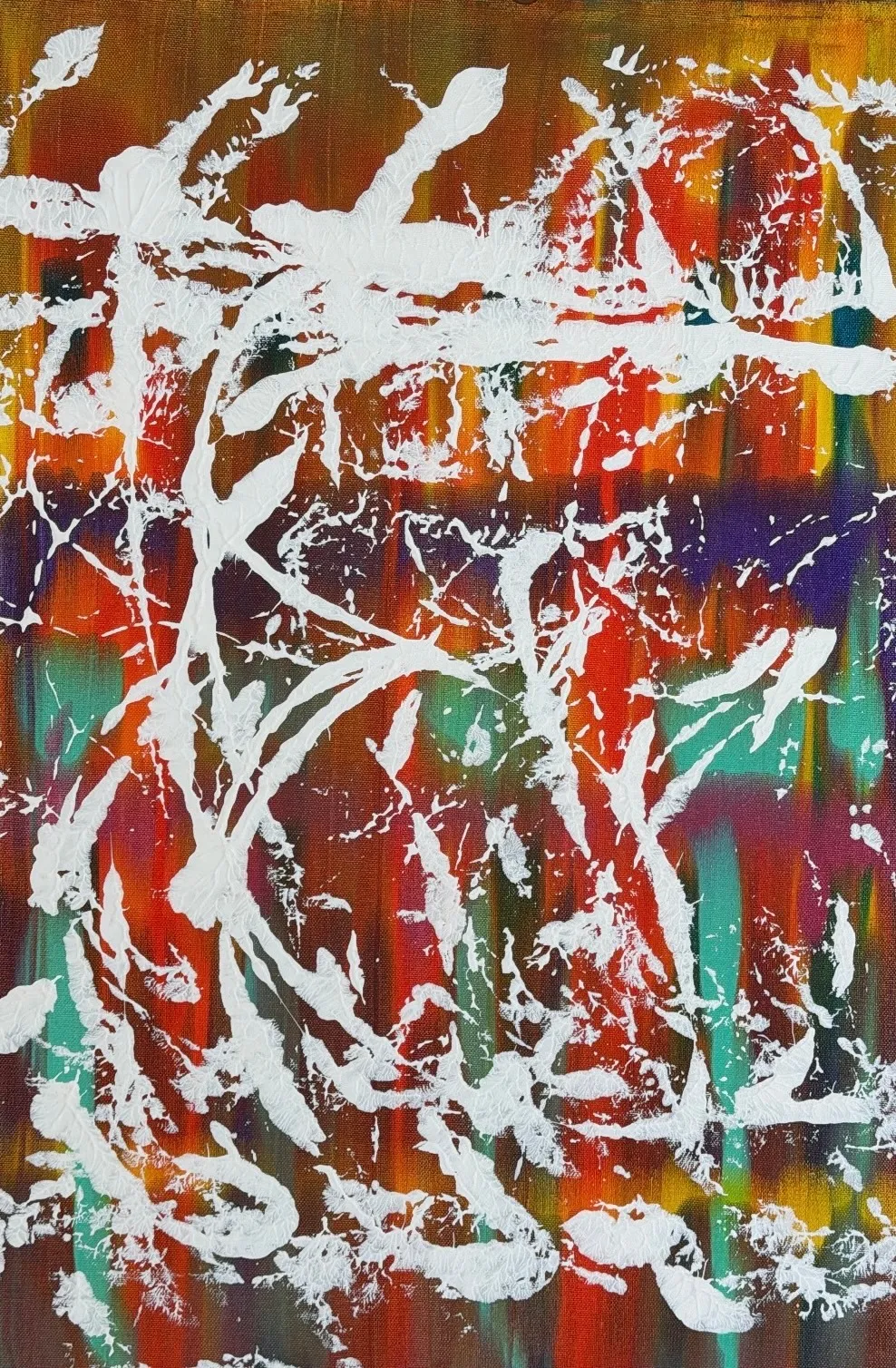 White branching, lace-like marks over a ground of red, purple, orange and teal.