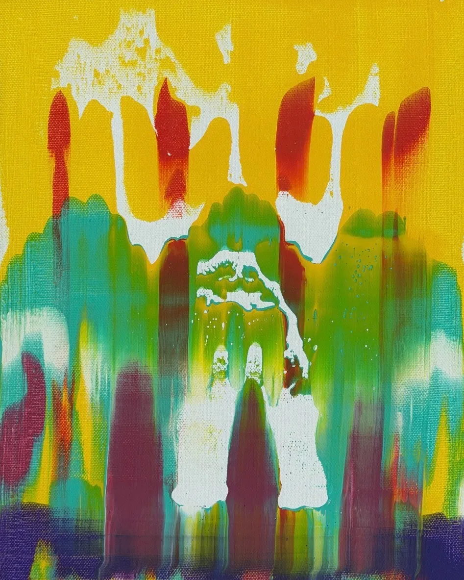 Yellow ground with red forms, a green and teal curtain of vertical drips, and white shapes.