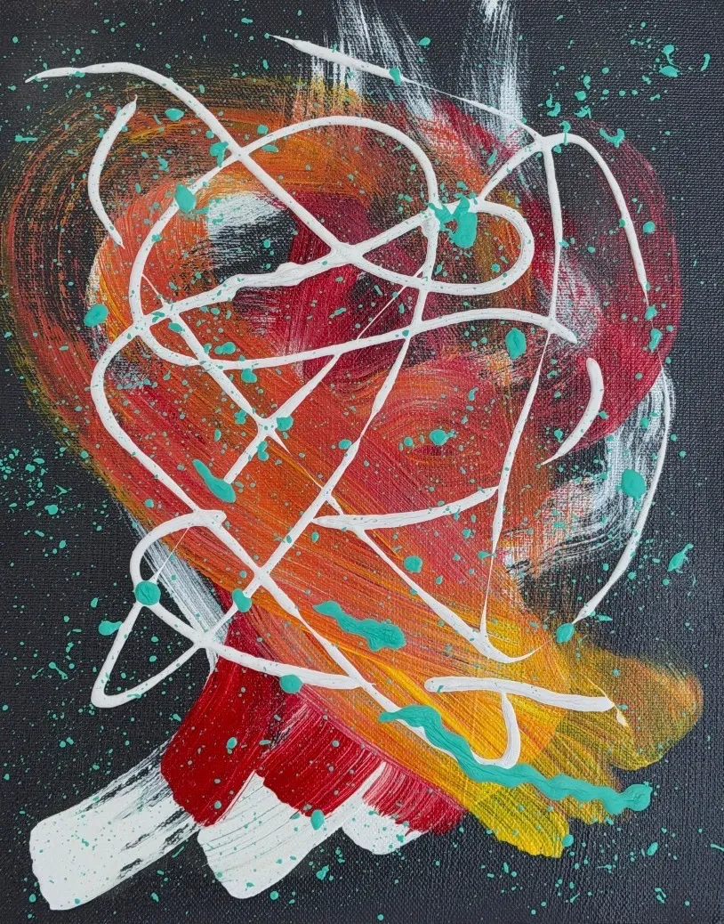 Dark ground with a red, orange and yellow form bound by white lines and scattered with teal dots.